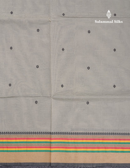 Beautiful Elephant Grey Thread Work Butta Pure Cotton Saree With Traditional Border
