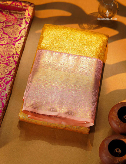 Beautiful Mustard Yellow Bridal Semi Silk Saree With Contrast Peach Pink Traditional Evening Morning Border