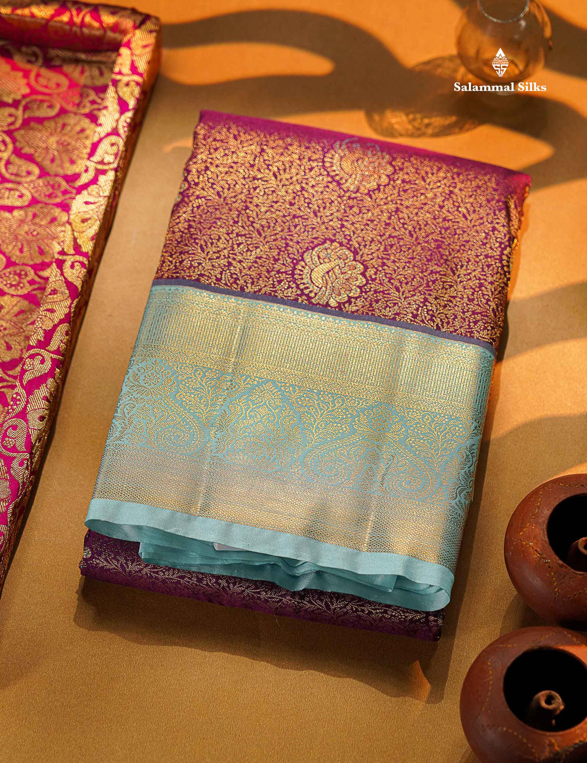 Beautiful Violet Bridal Semi Silk Saree With Contrast Rexona Green Border