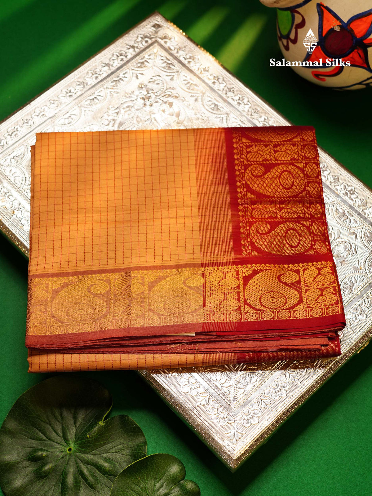 Beautiful Dark Sandal Small Checks Semi Silk Cotton Saree With Contrast Dark Maroon Blouse