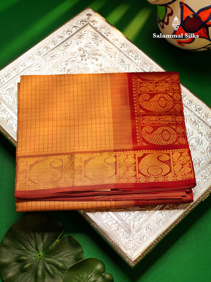 Beautiful Dark Sandal Small Checks Semi Silk Cotton Saree With Contrast Dark Maroon Blouse