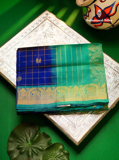 Beautiful Royal Blue Traditional Checks And Buttas Handloom Pure Silk Cotton Saree With Sapphire Blue Border