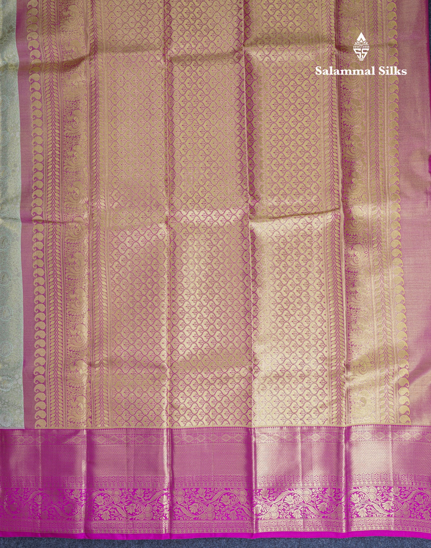Light Parrot Green Tissue Bridal Pure Kanjivaram Silk Saree With Contrast Magenta Pink Border