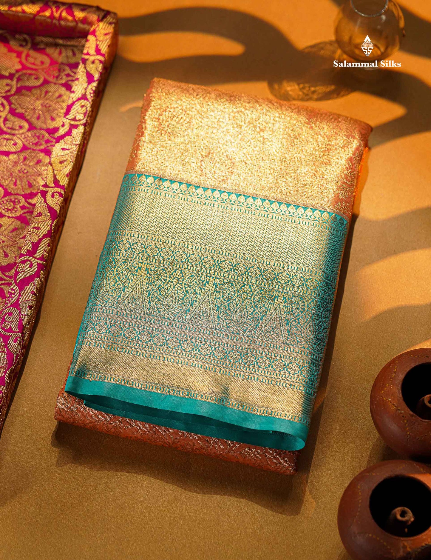 Beautiful Peach Tissue Bridal Semi Silk Saree With Contrast Sapphire Green Traditional Evening Morning Border