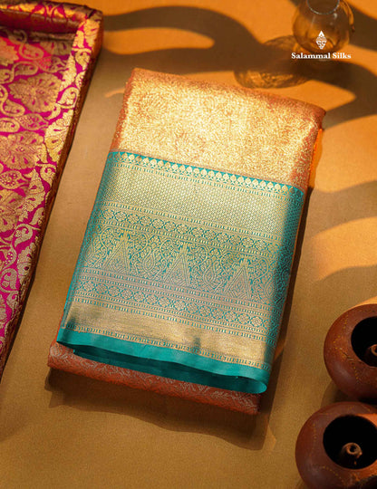 Beautiful Peach Tissue Bridal Semi Silk Saree With Contrast Sapphire Green Traditional Evening Morning Border