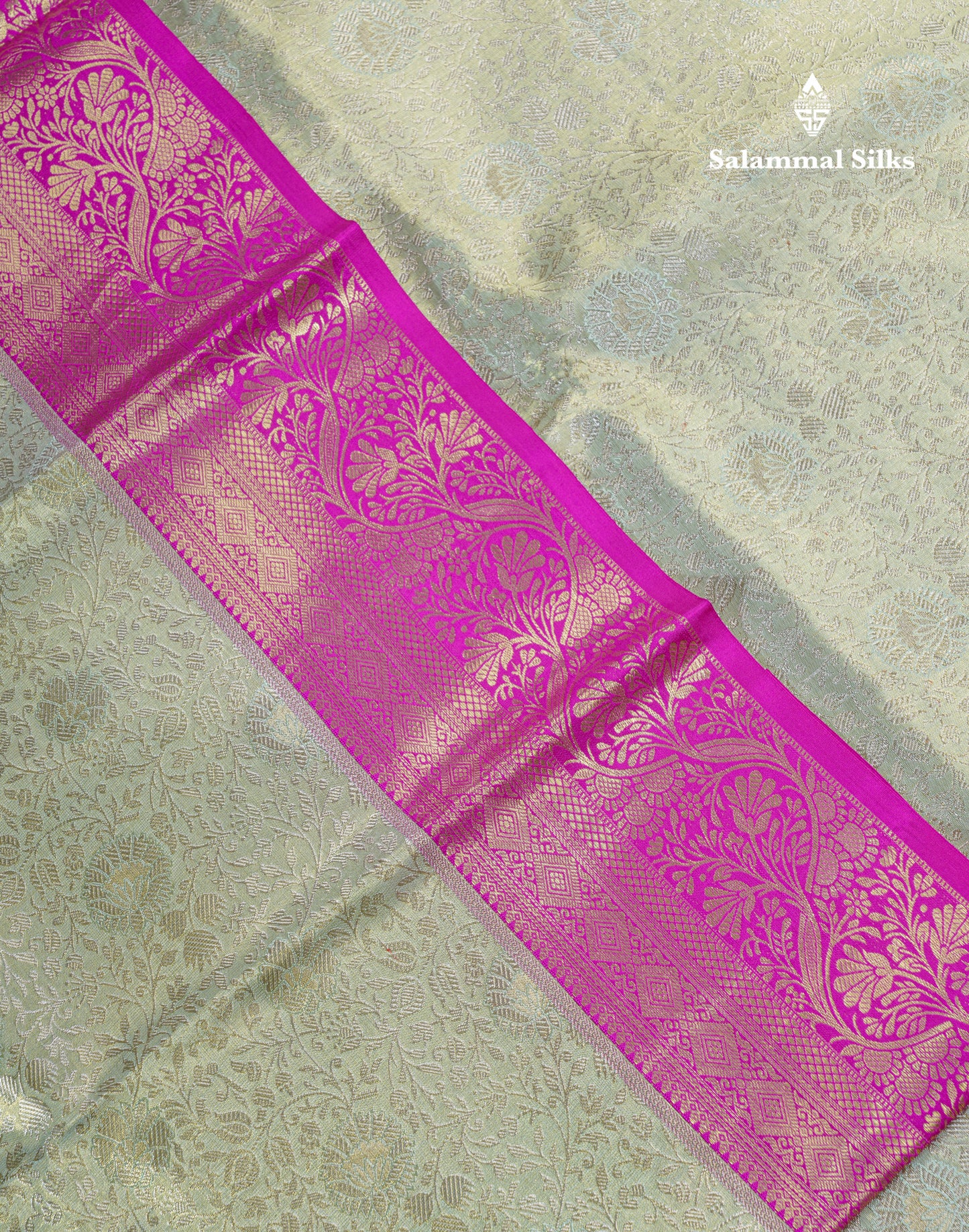 Light Parrot Green Tissue Bridal Pure Kanjivaram Silk Saree With Contrast Magenta Pink Border