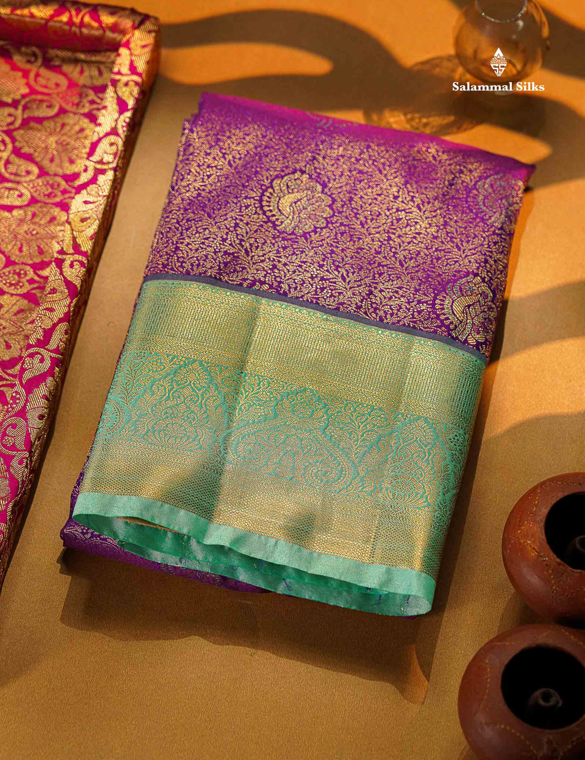 Beautiful Violet Bridal Semi Silk Saree With Contrast Rexona Green Border