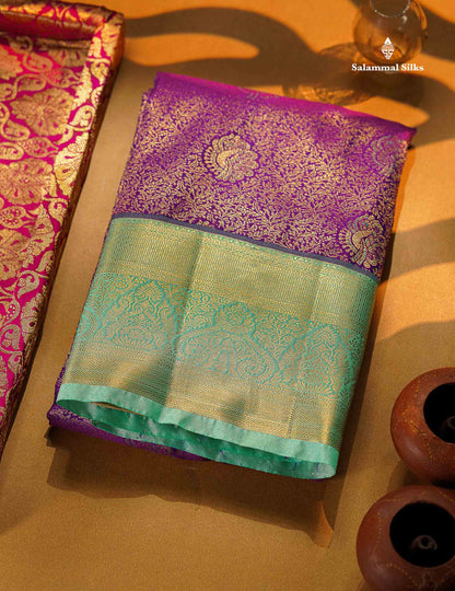 Beautiful Violet Bridal Semi Silk Saree With Contrast Rexona Green Border
