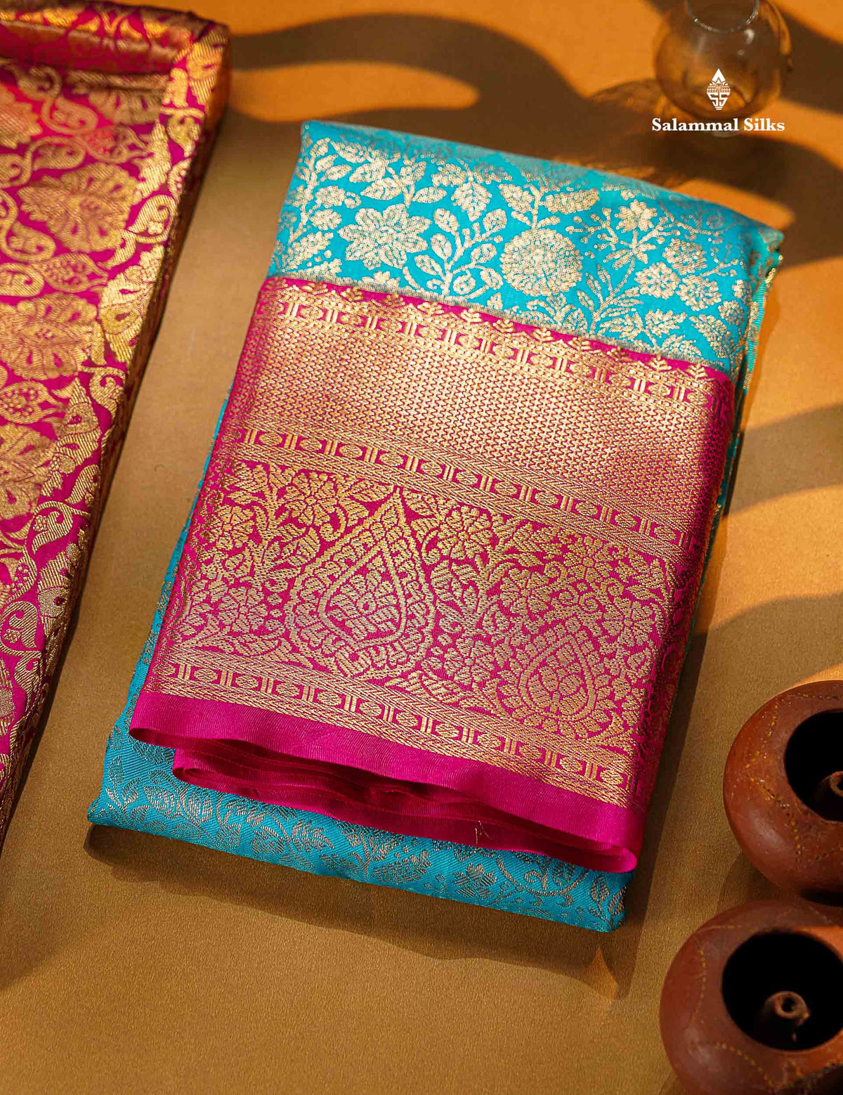 Sky Blue Bridal Semi Silk Saree With Contrast Magenta Pink Long Border