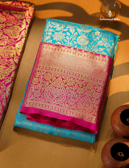 Sky Blue Bridal Semi Silk Saree With Contrast Magenta Pink Long Border