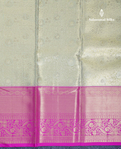 Light Parrot Green Tissue Bridal Pure Kanjivaram Silk Saree With Contrast Magenta Pink Border