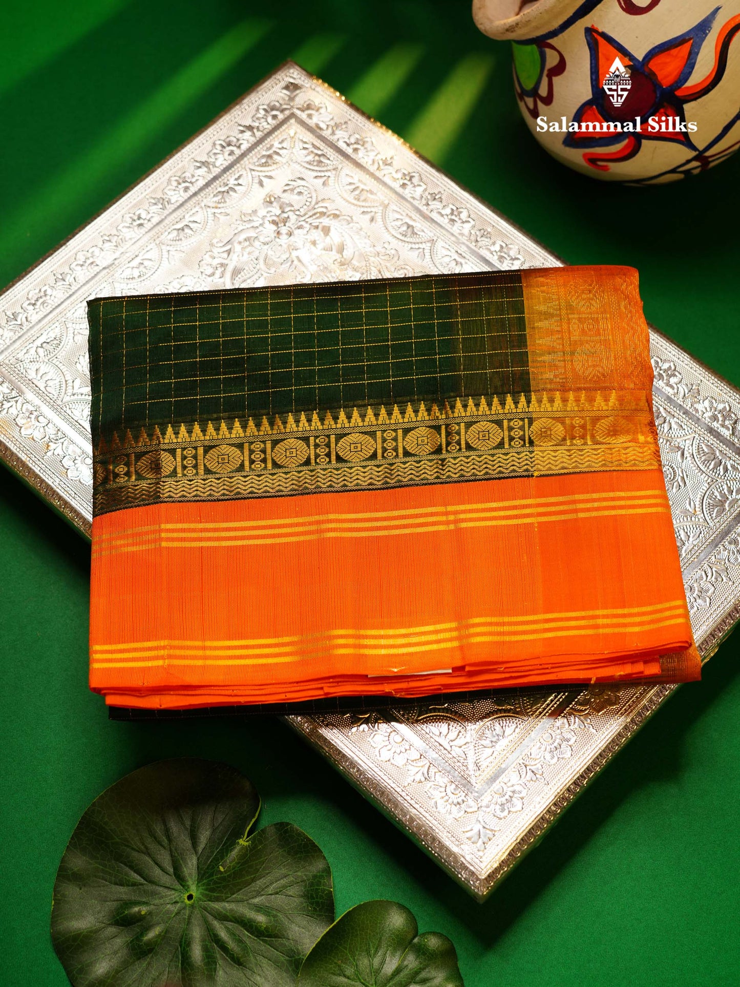 Beautiful Bottle Green Small Zari Checks Pure Silk Cotton Saree With Contrast Orange Traditional Gap Border
