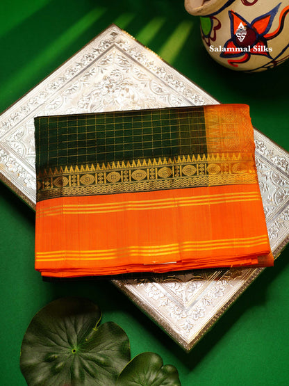 Beautiful Bottle Green Small Zari Checks Pure Silk Cotton Saree With Contrast Orange Traditional Gap Border
