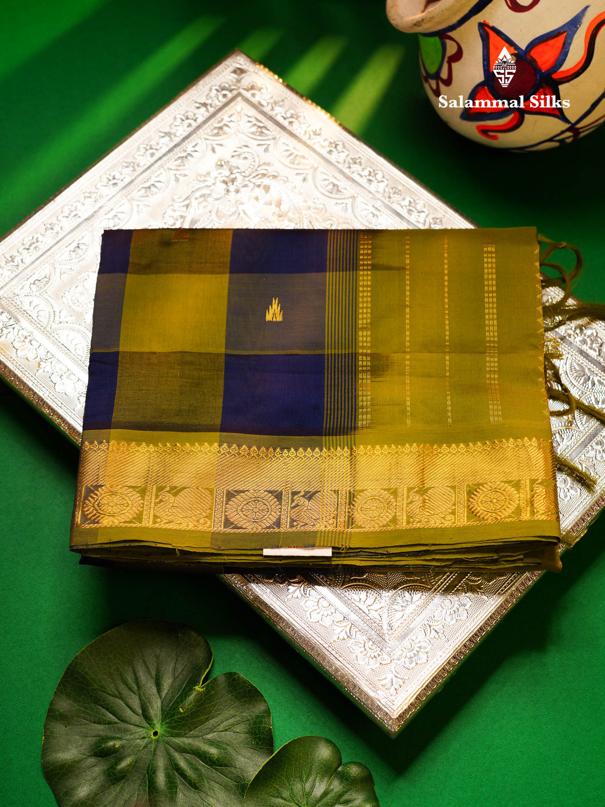 Beautiful Paalum Pazham Checks Semi Silk Cotton Saree With Contrast Olive Green Blouse