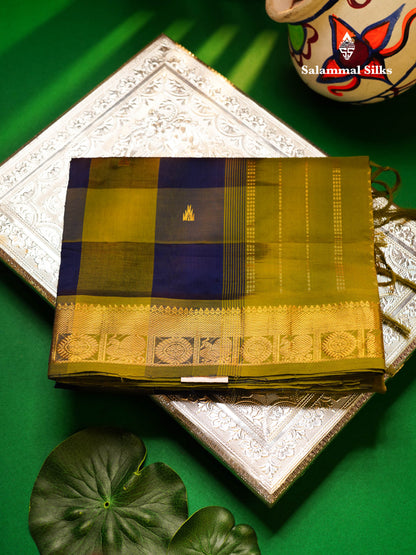 Beautiful Paalum Pazham Checks Semi Silk Cotton Saree With Contrast Olive Green Blouse