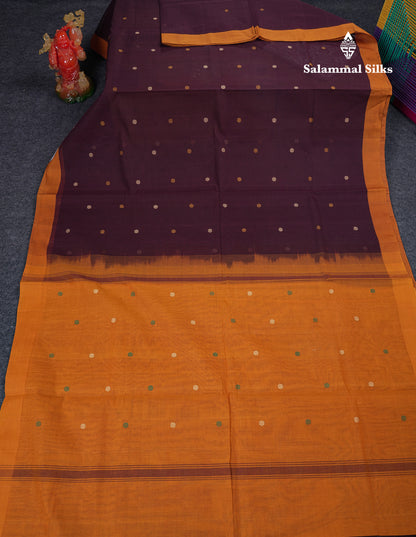 Beautiful Dark Brown Thread Work Butta Handloom Pure Cotton Saree With Contrast Mustard Yellow Blouse