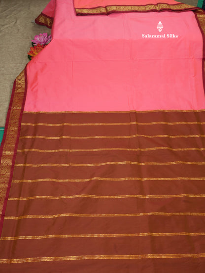 11 Yards Semi Silk Saree Green with Contrast Pink Border