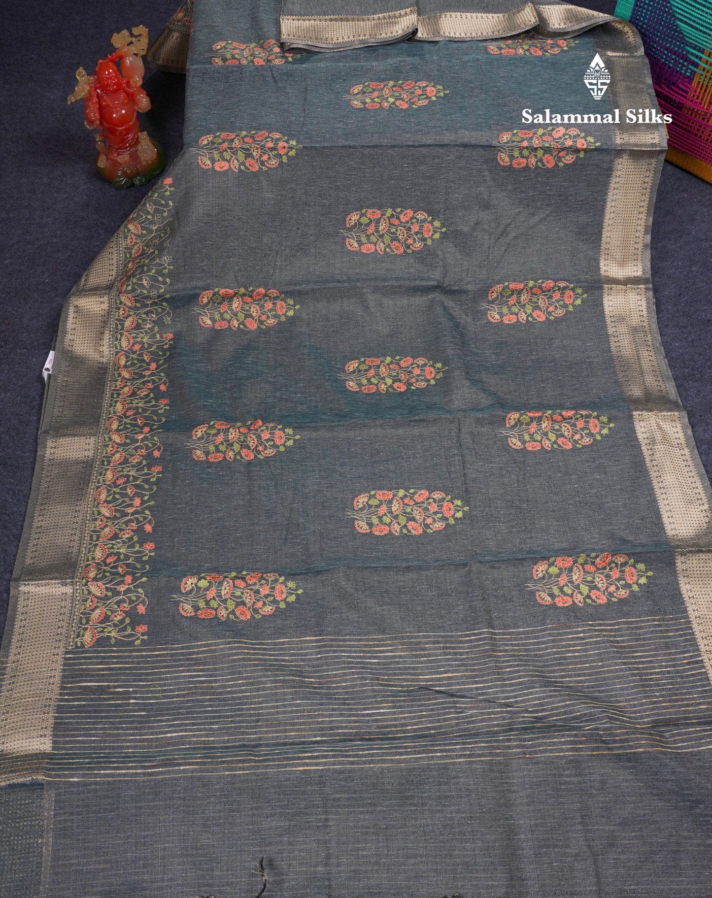 Beautiful Brown Embroidery Work Tissue Kota Cotton Fancy Saree With Self Blouse