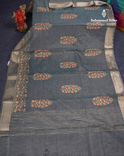 Beautiful Brown Embroidery Work Tissue Kota Cotton Fancy Saree With Self Blouse