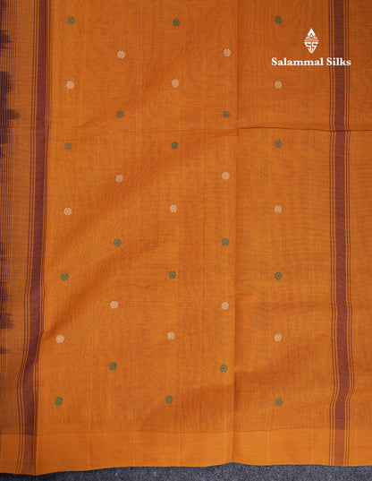 Beautiful Dark Brown Thread Work Butta Handloom Pure Cotton Saree With Contrast Mustard Yellow Blouse