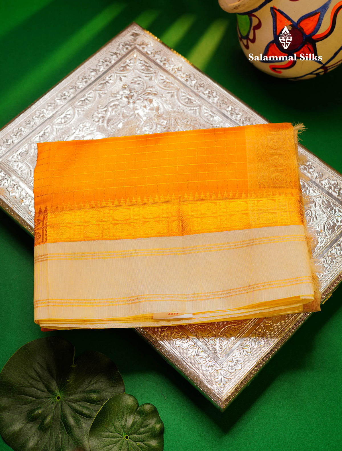 Beautiful Yellow Zari Checks Pure Silk Cotton Saree With Contrast Cream Traditional Gap Border