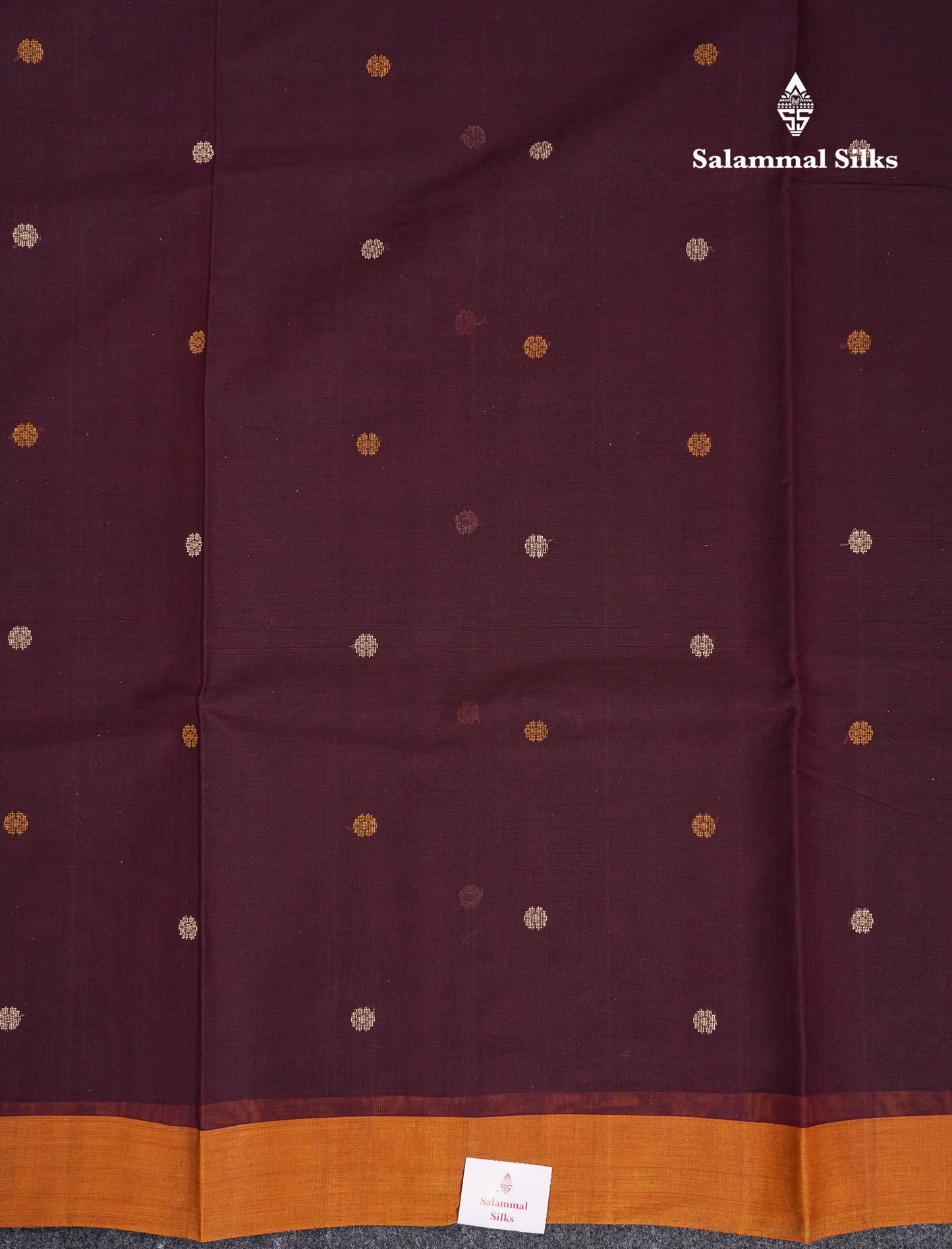 Beautiful Dark Brown Thread Work Butta Handloom Pure Cotton Saree With Contrast Mustard Yellow Blouse