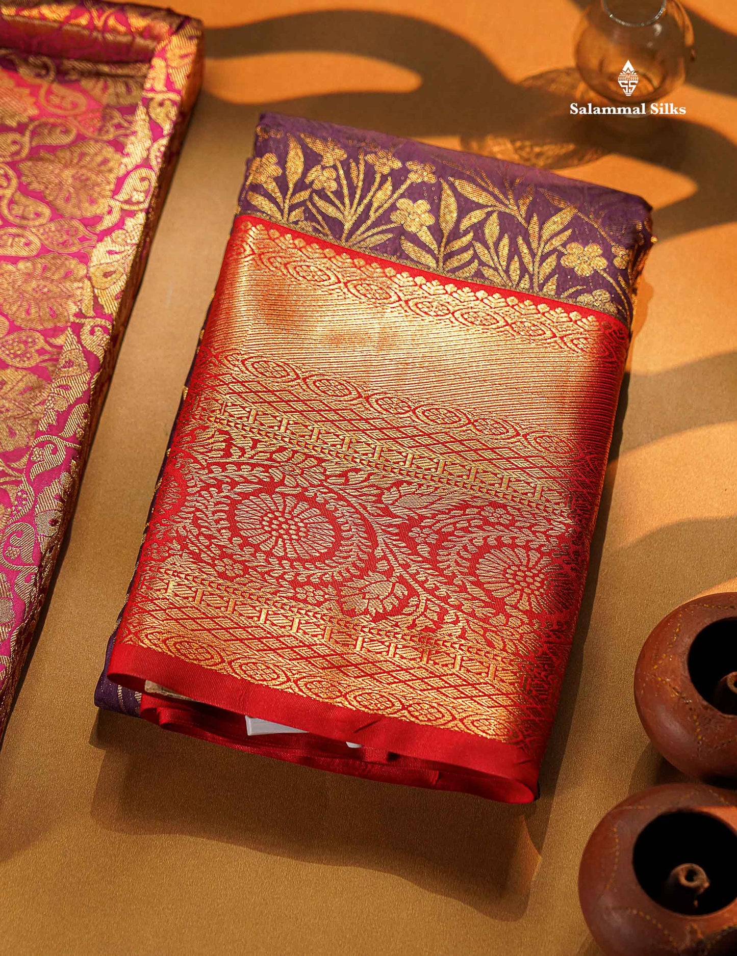 Bridal Semi Silk Saree - Dark Purple Along With Contrast Red Traditional Evening Morning Border