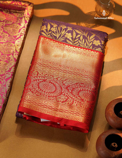Bridal Semi Silk Saree - Dark Purple Along With Contrast Red Traditional Evening Morning Border