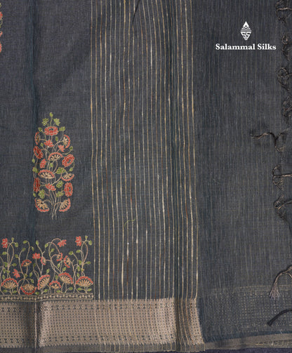 Beautiful Brown Embroidery Work Tissue Kota Cotton Fancy Saree With Self Blouse