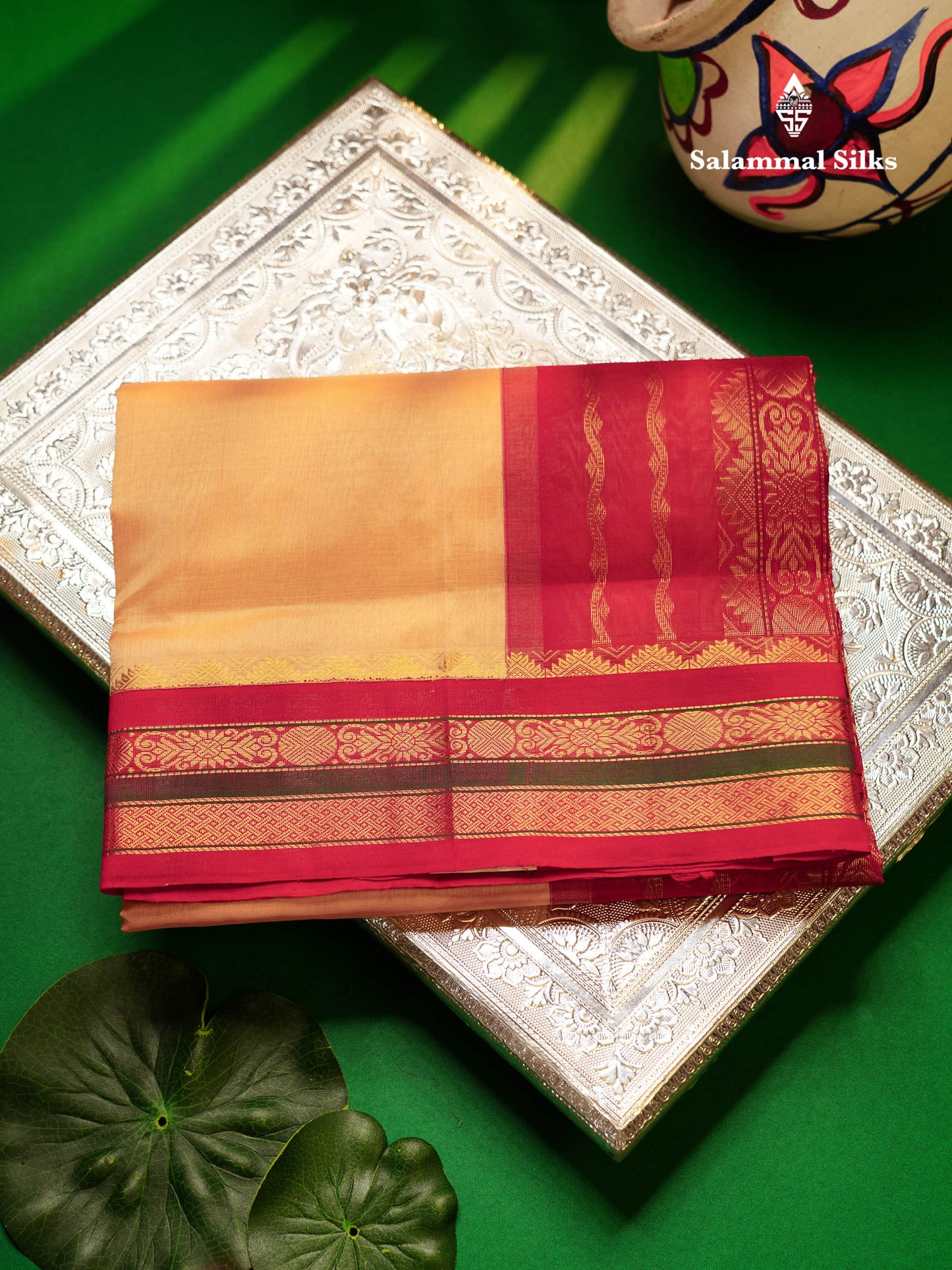 Beautiful Cream Sandal Plain Pure Silk Cotton Saree With Contrast Pink Traditional Border