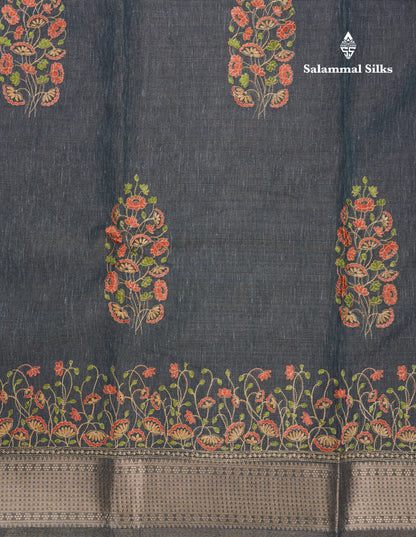 Beautiful Brown Embroidery Work Tissue Kota Cotton Fancy Saree With Self Blouse