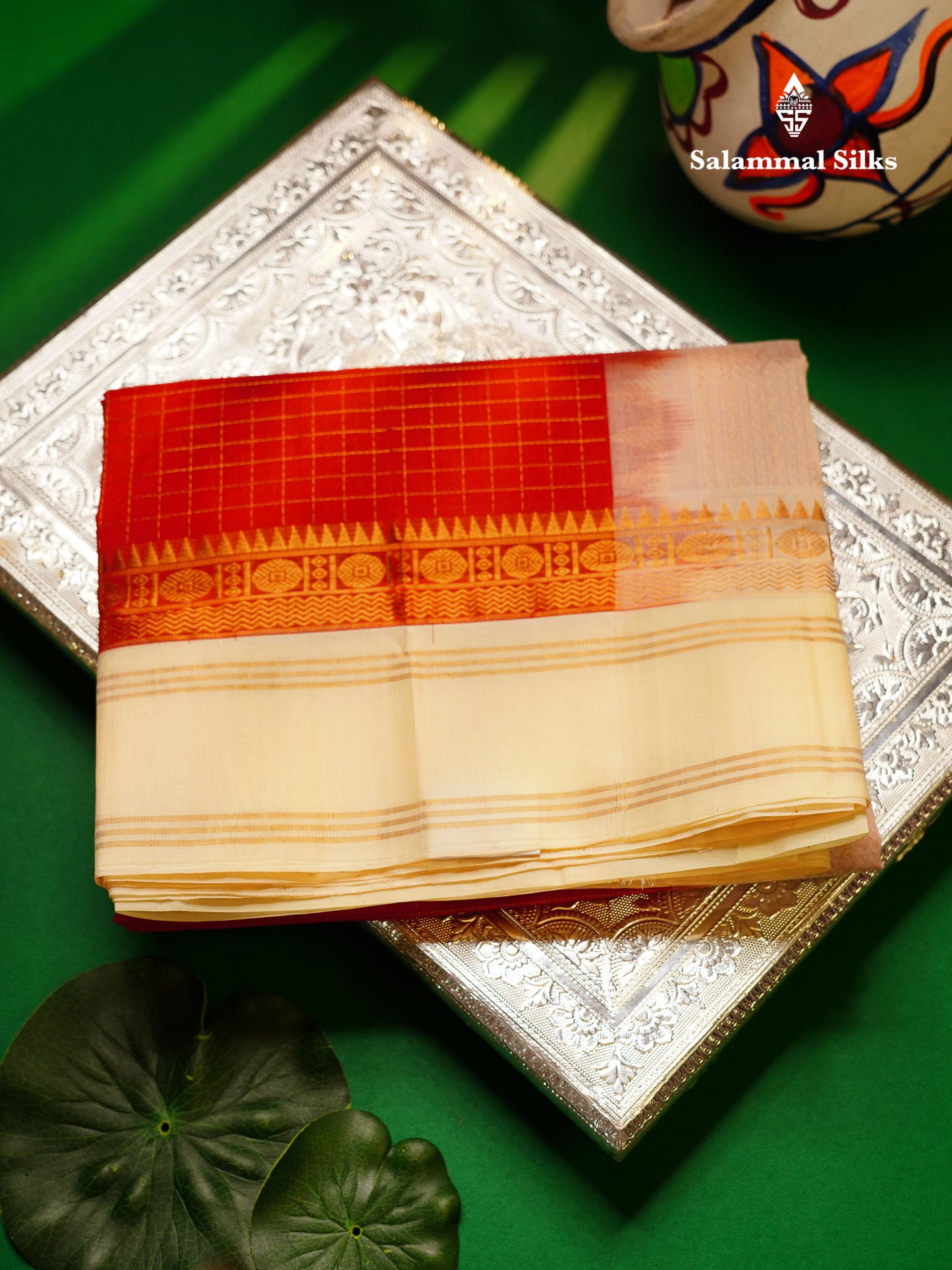 Beautiful Bottle Green Small Zari Checks Pure Silk Cotton Saree With Contrast Orange Traditional Gap Border