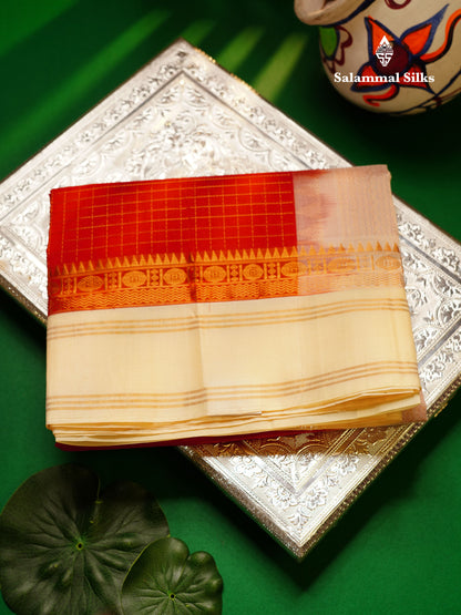 Beautiful Bottle Green Small Zari Checks Pure Silk Cotton Saree With Contrast Orange Traditional Gap Border