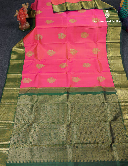 Beautiful Dual Tone Pink Pure Kanjivaram Silk Saree With Contrast Bottle Green Traditional Border