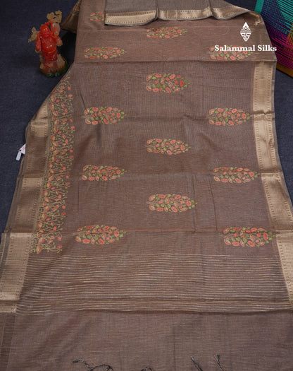 Beautiful Brown Embroidery Work Tissue Kota Cotton Fancy Saree With Self Blouse