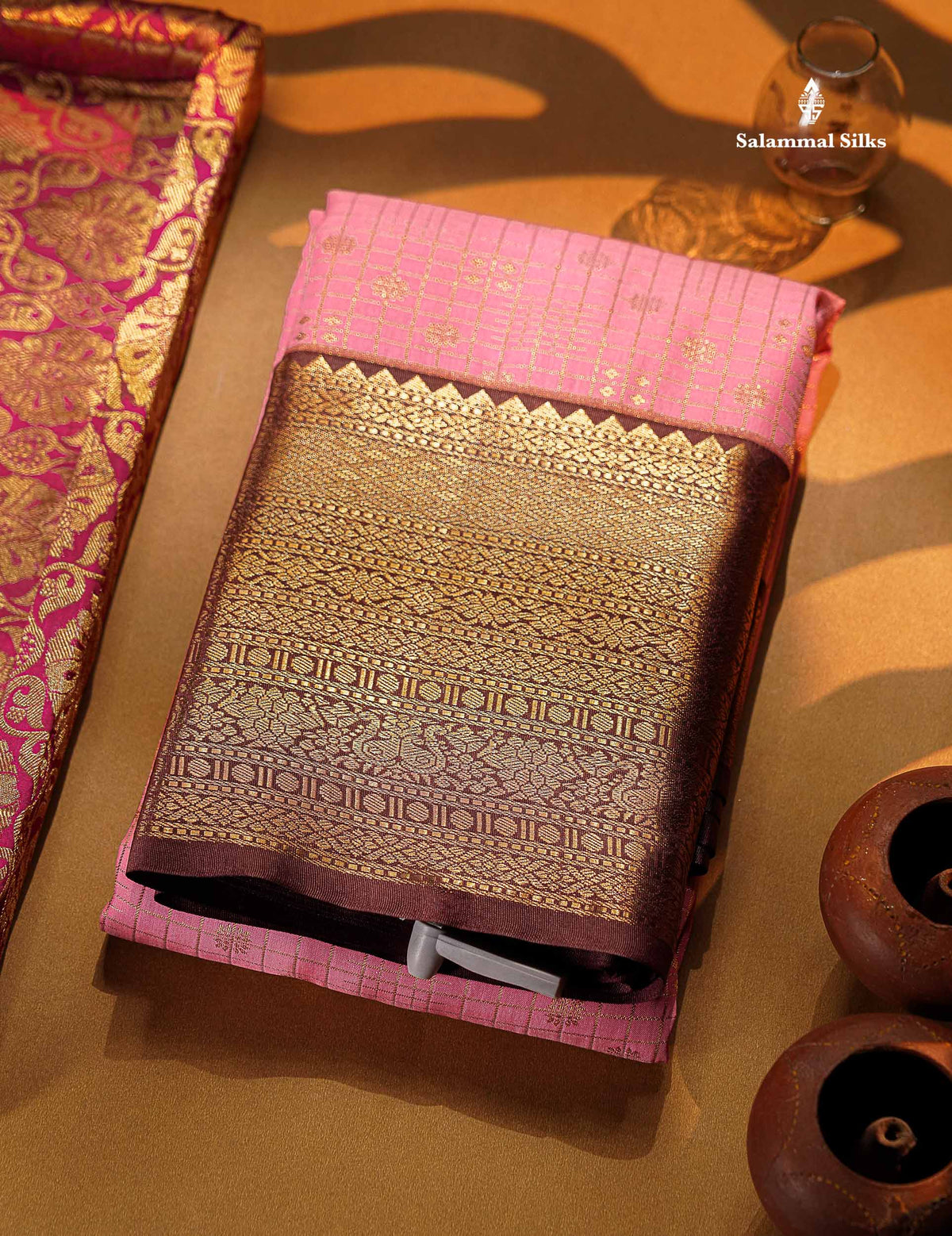 Beautiful Light Pink Small Checks With Butta Semi Silk Saree With Contrast Brown Traditional Evening Morning Border
