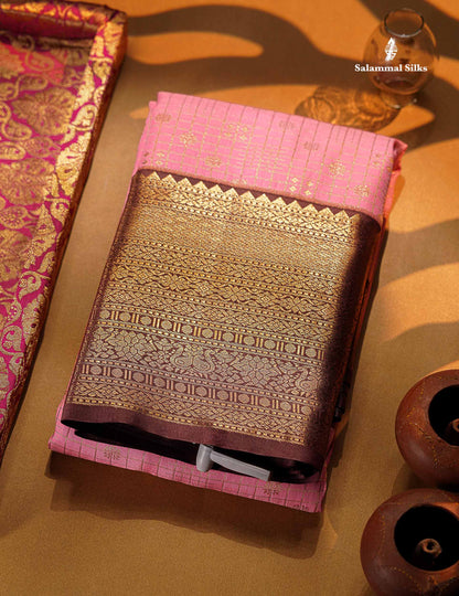 Beautiful Light Pink Small Checks With Butta Semi Silk Saree With Contrast Brown Traditional Evening Morning Border