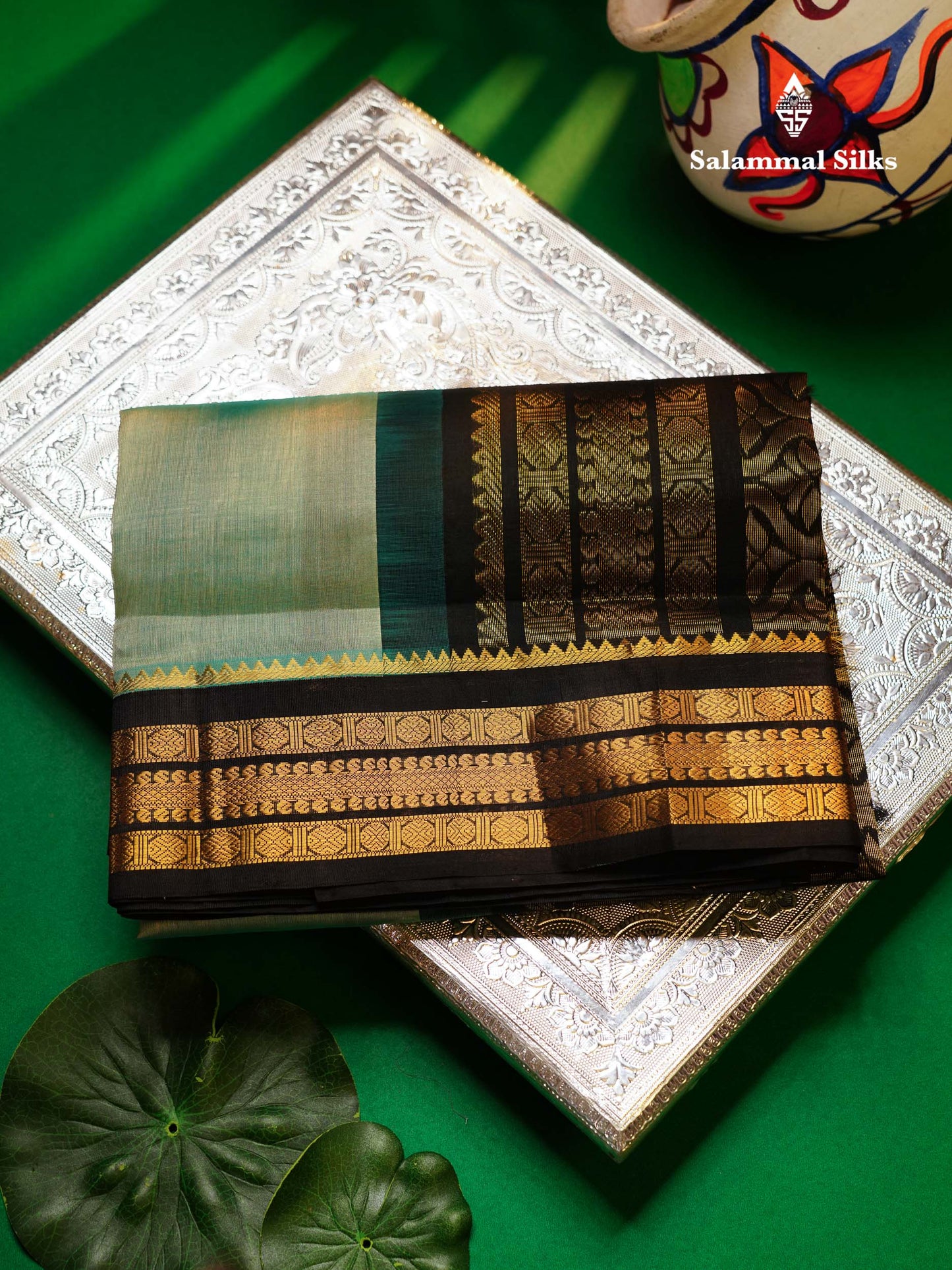 Beautiful Dual Tone Pastel Blue Plain Pure Silk Cotton Saree With Contrast Black Traditional Border