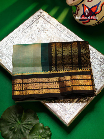 Beautiful Dual Tone Pastel Blue Plain Pure Silk Cotton Saree With Contrast Black Traditional Border