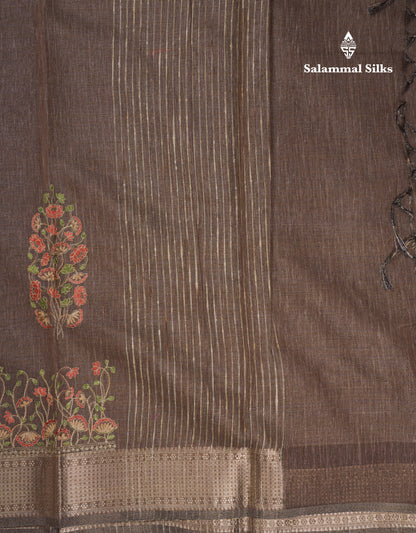Beautiful Brown Embroidery Work Tissue Kota Cotton Fancy Saree With Self Blouse