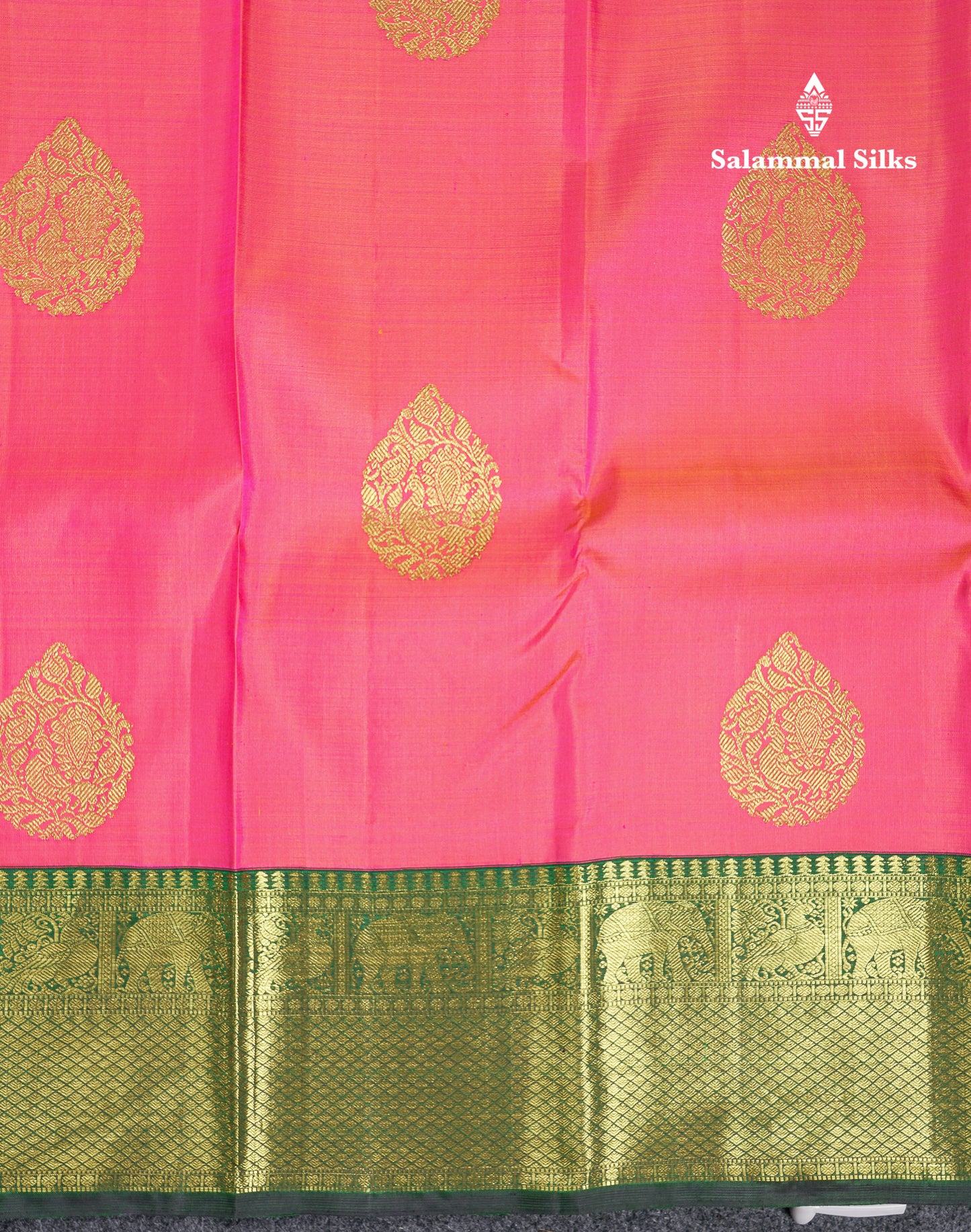 Beautiful Dual Tone Pink Pure Kanjivaram Silk Saree With Contrast Bottle Green Traditional Border