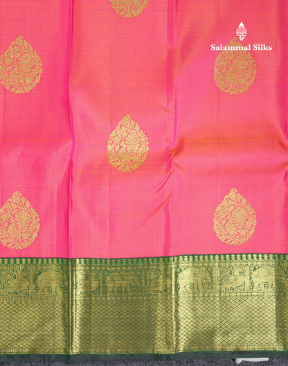 Beautiful Dual Tone Pink Pure Kanjivaram Silk Saree With Contrast Bottle Green Traditional Border