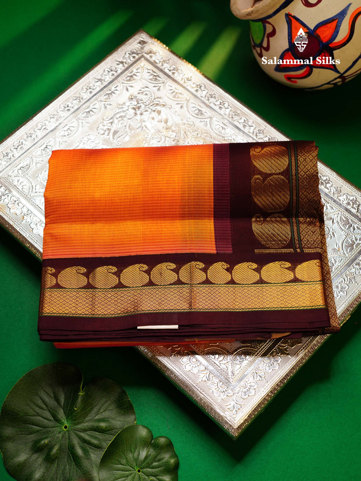 Beautiful Dual Tone Peach Pure Silk Cotton Saree With Contrast Dark Brown Traditional Border