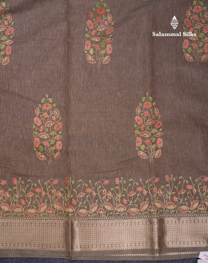 Beautiful Brown Embroidery Work Tissue Kota Cotton Fancy Saree With Self Blouse