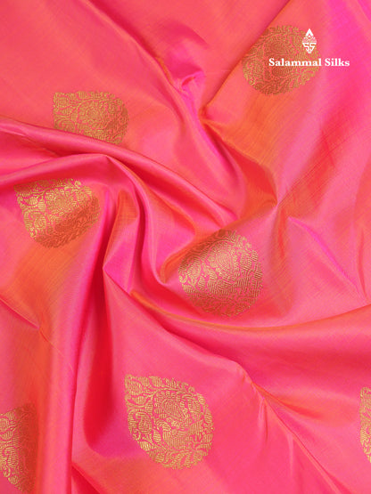 Beautiful Dual Tone Pink Pure Kanjivaram Silk Saree With Contrast Bottle Green Traditional Border