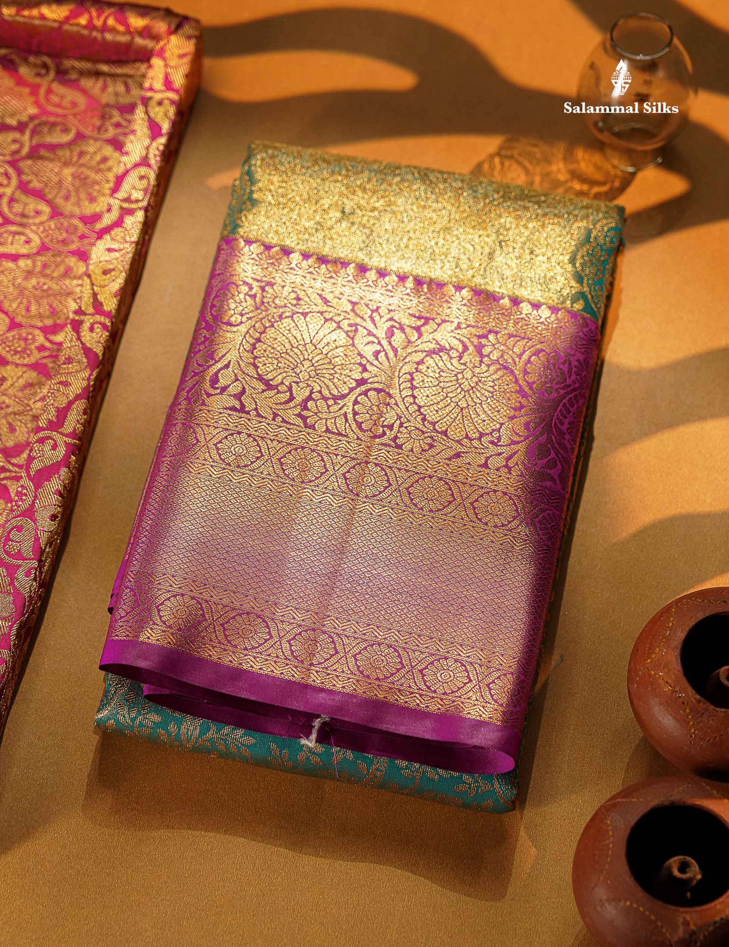 Beautiful Green Tissue Bridal Semi Silk Saree With Contrast Dark Purple Traditional Evening Morning Border