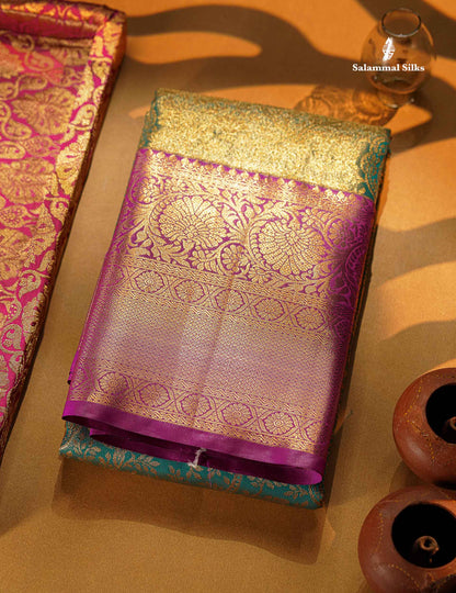 Beautiful Green Tissue Bridal Semi Silk Saree With Contrast Dark Purple Traditional Evening Morning Border