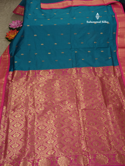 11 Yards Semi Silk Saree Peacock Blue with Contrast Pink Border