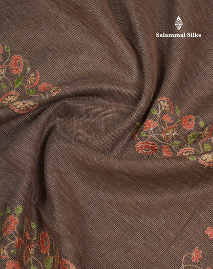 Beautiful Brown Embroidery Work Tissue Kota Cotton Fancy Saree With Self Blouse