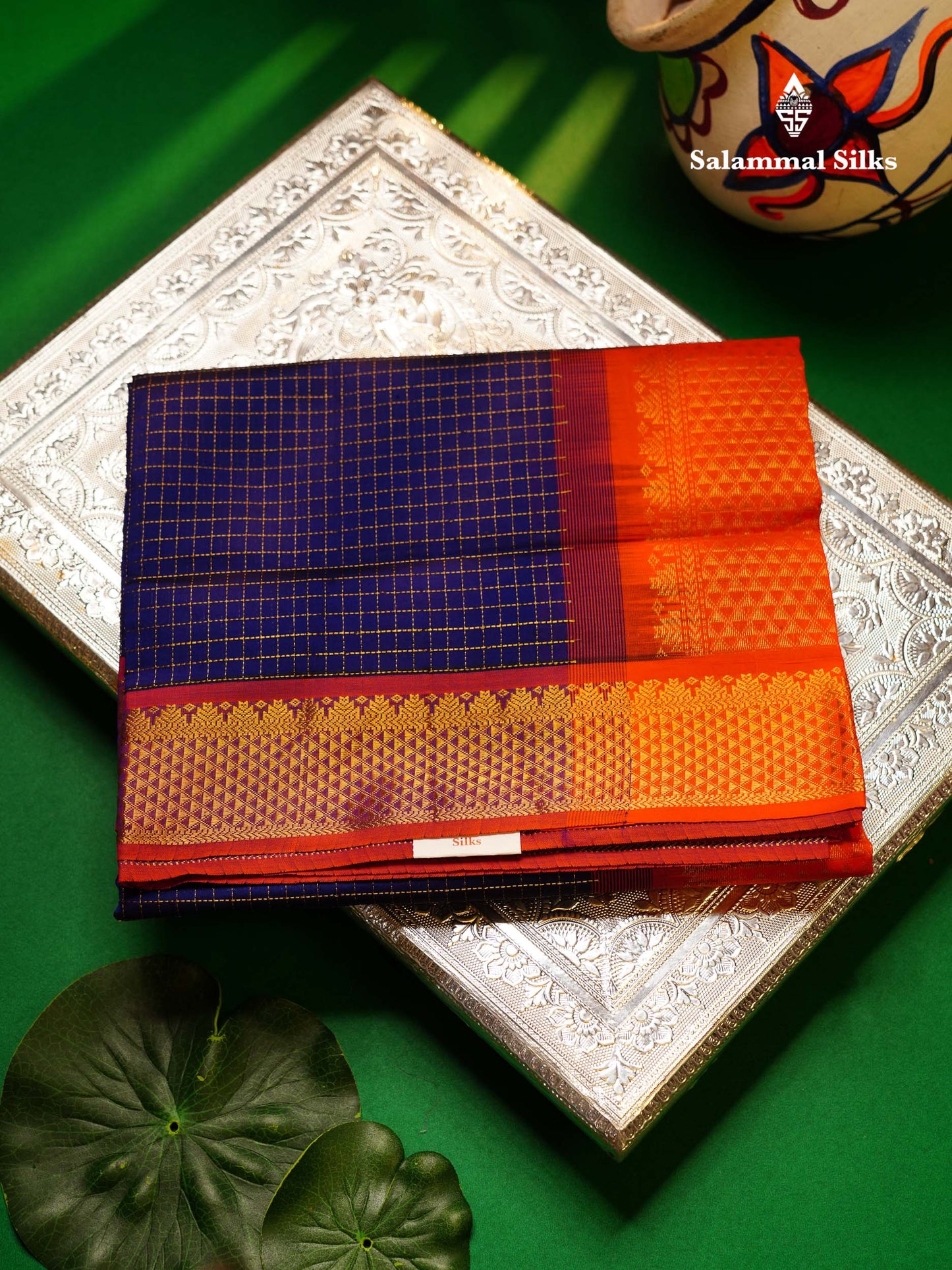 Beautiful Royal Blue Small Zari Checks Semi Silk Cotton Saree With Contrast Orange Blouse